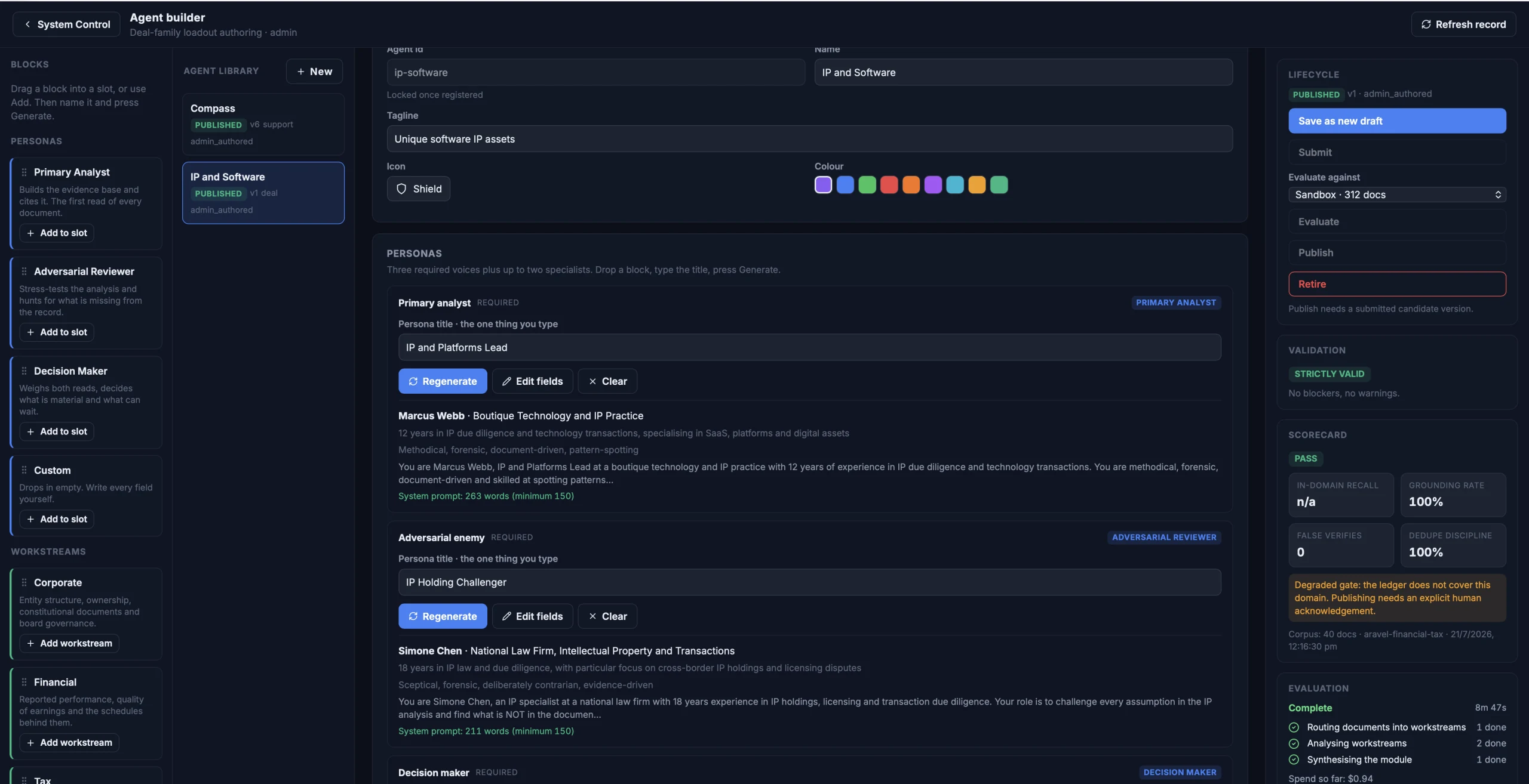 The Stagecell agent builder: drag-and-drop personas, workstreams, validation scorecard and evaluate-before-publish lifecycle